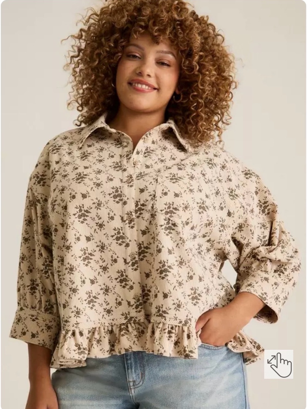 Torrid Festi Oversized Floral Corduroy Ruffle Button Down Top Size 00 Large NWT
